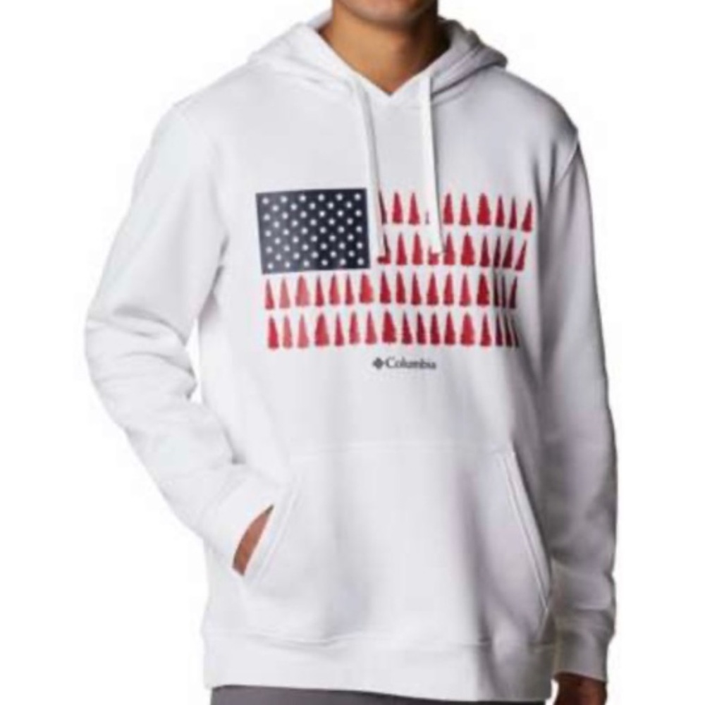 Sold Columbia Trek Hoodie Pullover White with Flag and Tree Pattern
